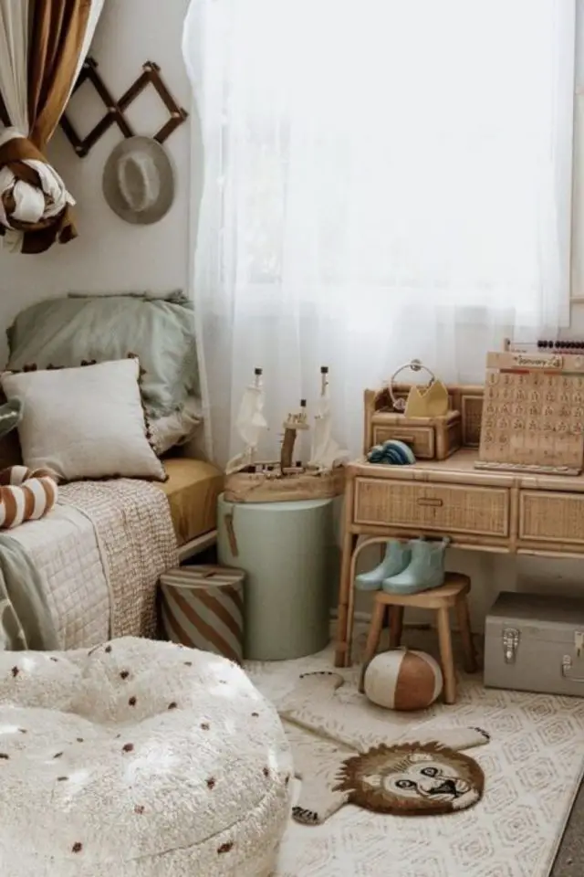 comment creer chambre cosy enfant meuble en bois rotin couleur vert sauge douceur