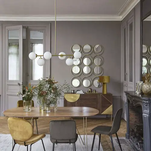 ou trouver decoration salle a manger Suspension 6 globes en verre opaline et métal doré