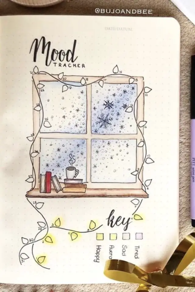 bullet journal decor hiver exemple mood tracker guirlande à colorier ambiance cosy