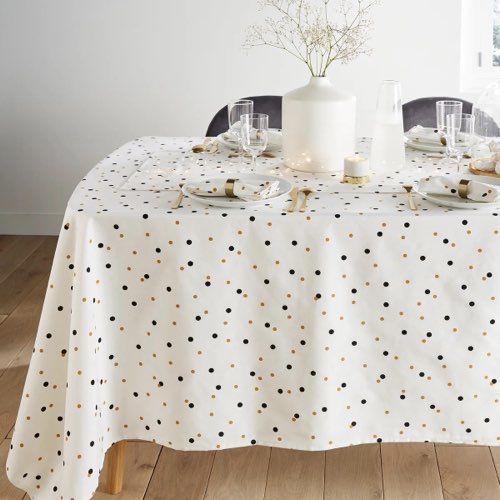 decor table noel chic Nappe imprimée traitée anti-taches pois noir et moutarde