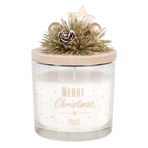 decoration noel maisons du monde Bougie parfumée blanche, marron et dorée