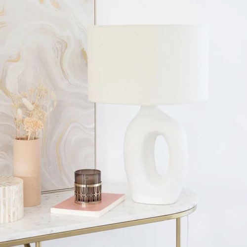 nouveaute lampe a poser maisons du monde Lampe en céramique blanche et abat-jour en coton forme moderne et organique
