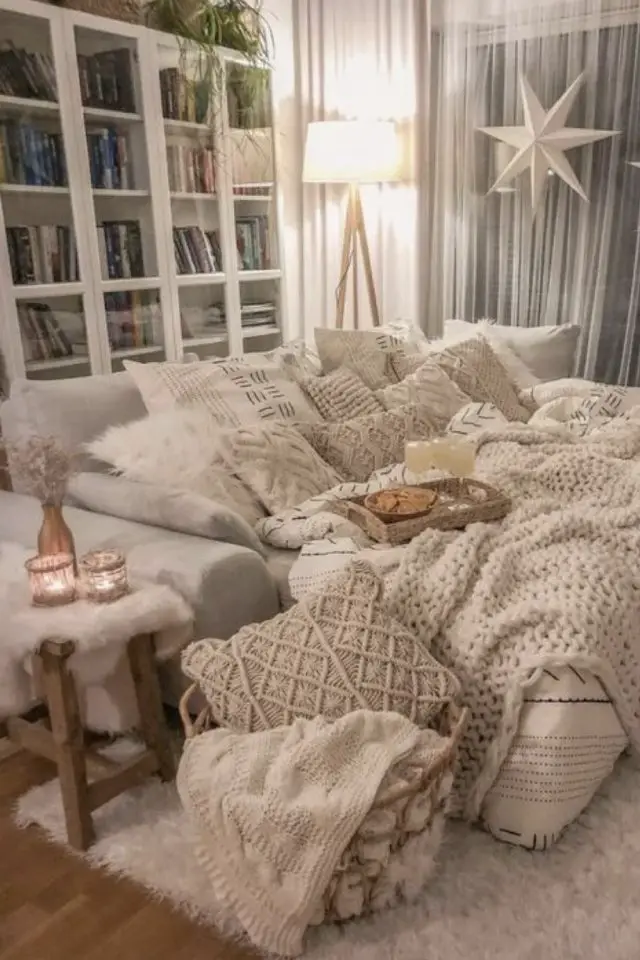 quel tissu choisir ambiance cosy hiver canapé convertible dimanche Netflix salon séjour couleur beige et blanc