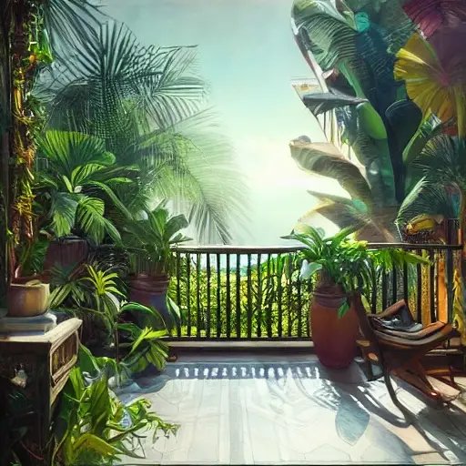 balcon appartement style tropical plantes vertes meubles en bois cosy et accueillant