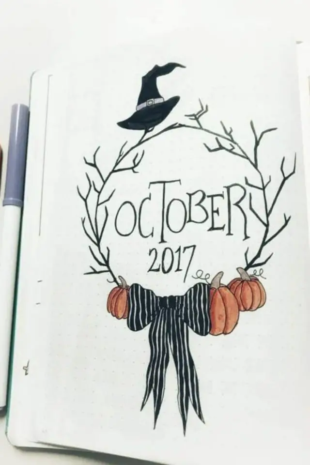 bujo illustration page de garde octobre Halloween citrouille chapeau de sorcière
