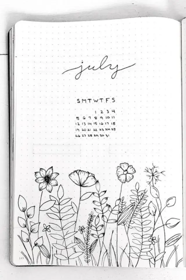 bujo juillet idee page de garde dessin en noir et blanc fleur calendrier
