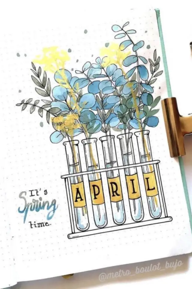 bullet journal avril exemple dessin page de garde soliflore aquarelle printemps