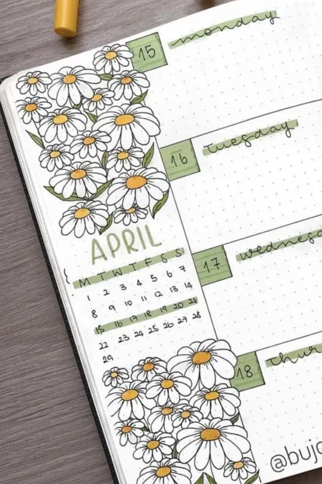 bullet journal idee avril loisir creatif page calendrier semaine fleur marguerite