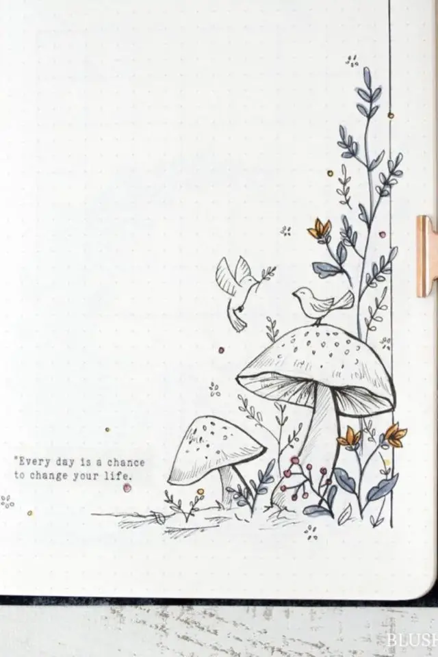 bullet journal illustration septembre exemple dessin automne noir et blanc champignon citation