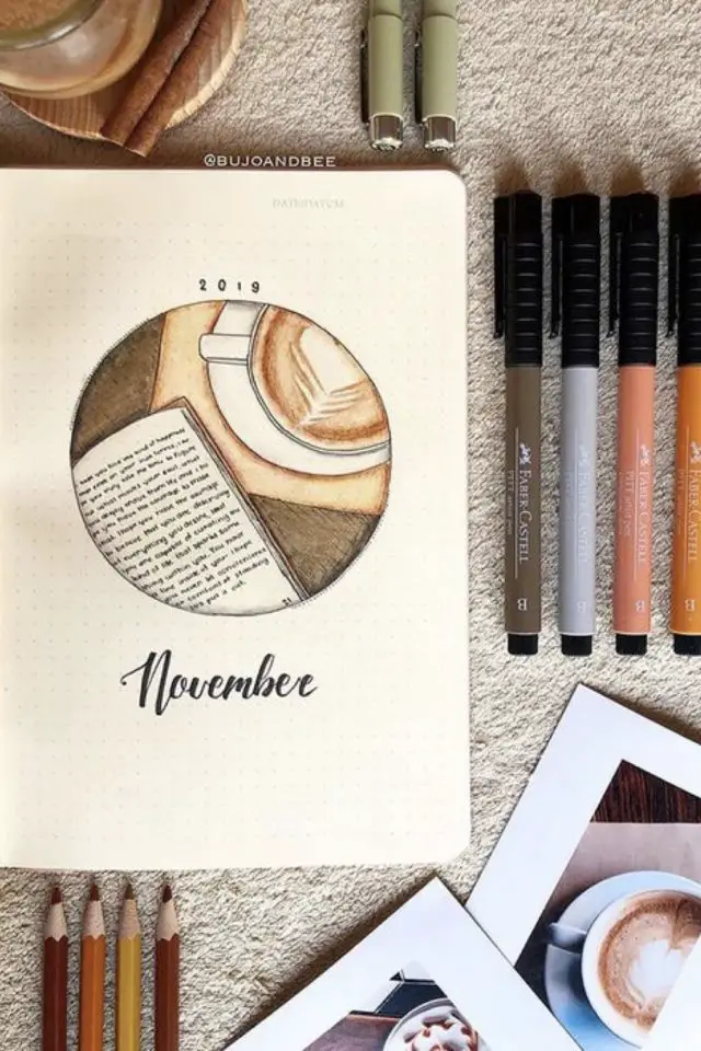 bullet journal page de garde novembre idee jolie illustration originale tasse de café lecture