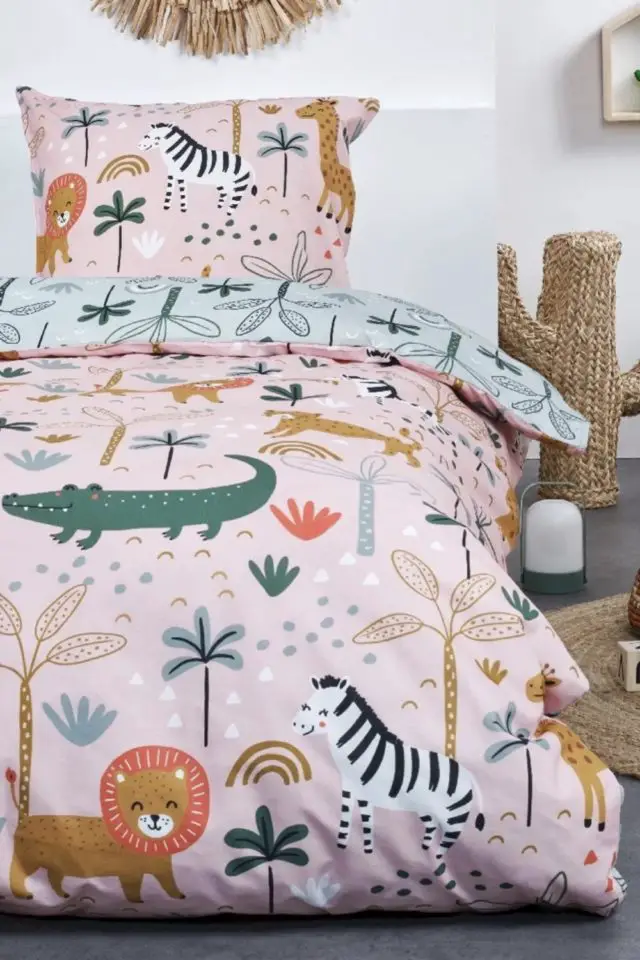 chambre enfant linge de lit Parure de lit enfant imprimé en coton rose 140x200cm animaux safari rose fille