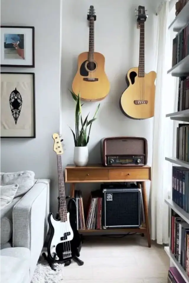 creatherapie salle de musique bien etre coin salon meuble radio vintage guitare musicien