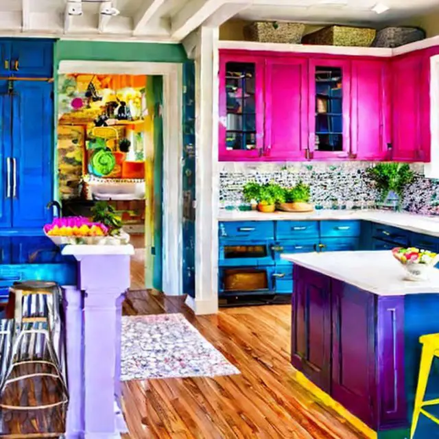 cuisine coloree intelligence artificielle decoration multicolore meuble îlot central hyper coloré