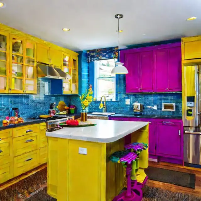 cuisine coloree intelligence artificielle decoration hyper colorée bleu rose jaune crédence et meuble