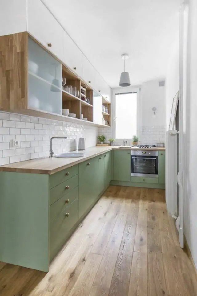 cuisine fonctionnelle ergonomique exemple moderne vert et bois meuble muraux rangement vitré tout en longueur appartement