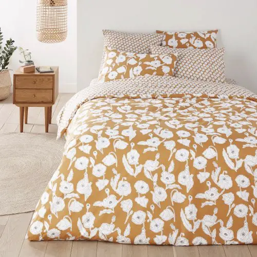 deco et meuble couleur ocre jaune Housse de couette percale de coton imprimé floral blanc