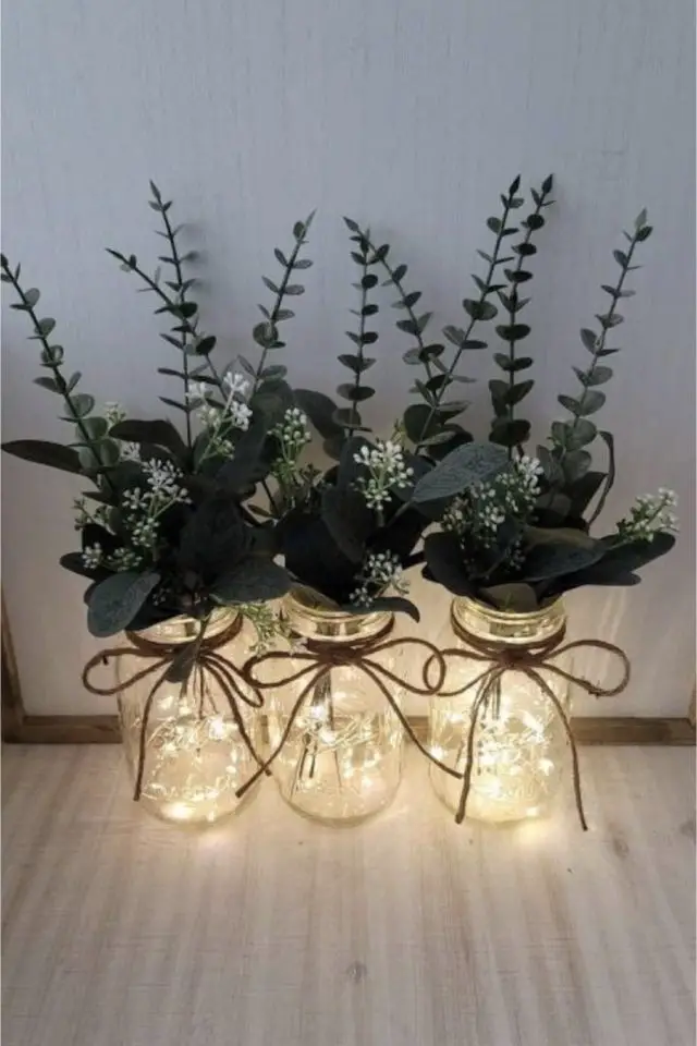 deco table fleur plante DIY récup bocal en verre guirlande lumineuse fleurs séchées
