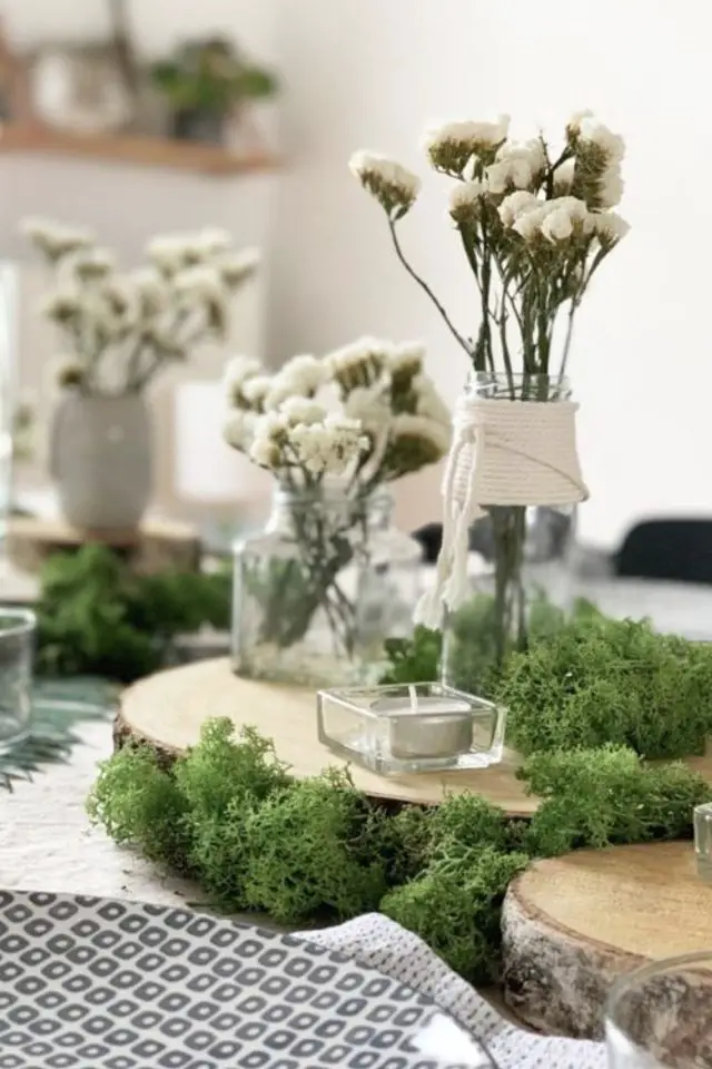 deco table fleur plante DIY rondin de bois mousse forêt nature