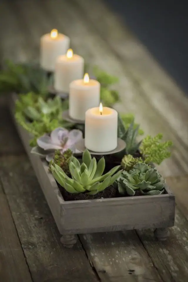 deco table fleur plante DIY bougies blanches plantes grasses nature