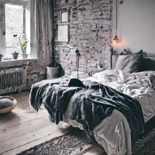 decor cosy chambre intelligence artificielle mur en brique parquet simple douillet espace sommeil adulte linge de lit blanc et gris confort