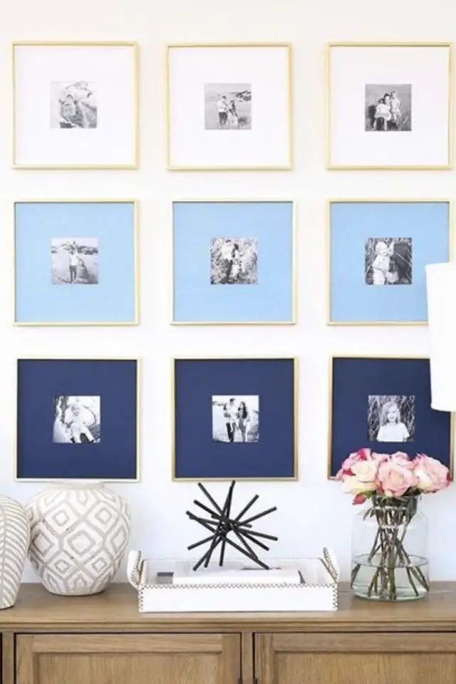 decor mur cadre marie-louise exemple jeu de couleur dégradé bleu ambiance douce et chic