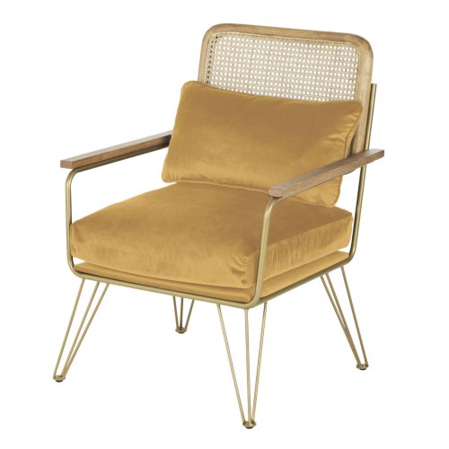 decoration jaune tendance maisons du monde Fauteuil en velours ocre cannage en rotin