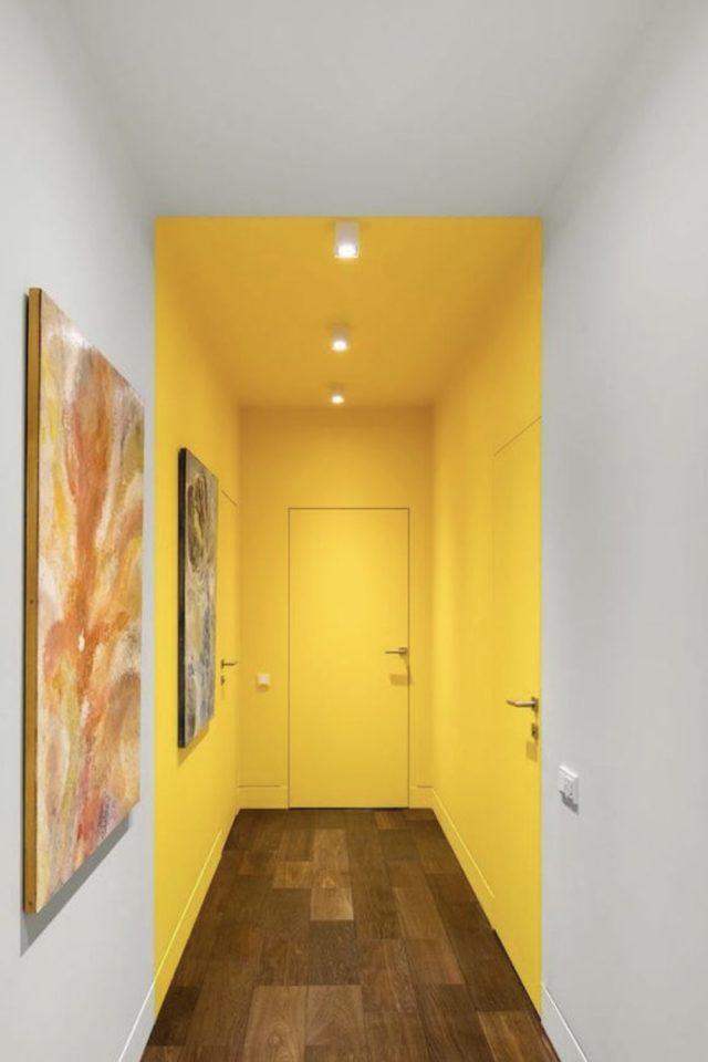 exemple couleur portes interieures faire disparaitre une seule couleur jaune franc original petite entrée illusion de profondeur