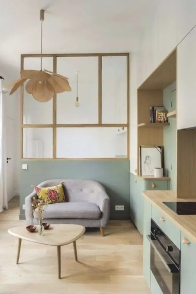 exemple interieur pastel moderne studio cuisine et mur vert canapé gris verrière en bois