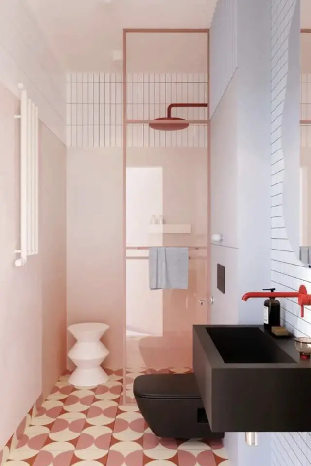 exemple interieur pastel moderne salle de bain douche carrelage rose