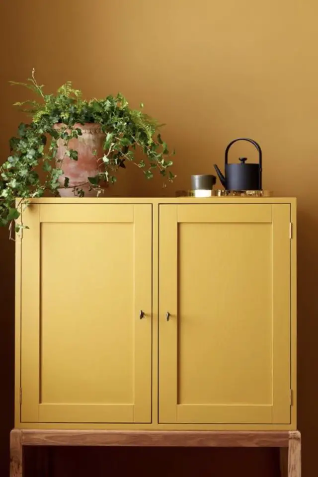 interieur couleur ocre jaune meuble peinture ton sur ton mur plantes vertes