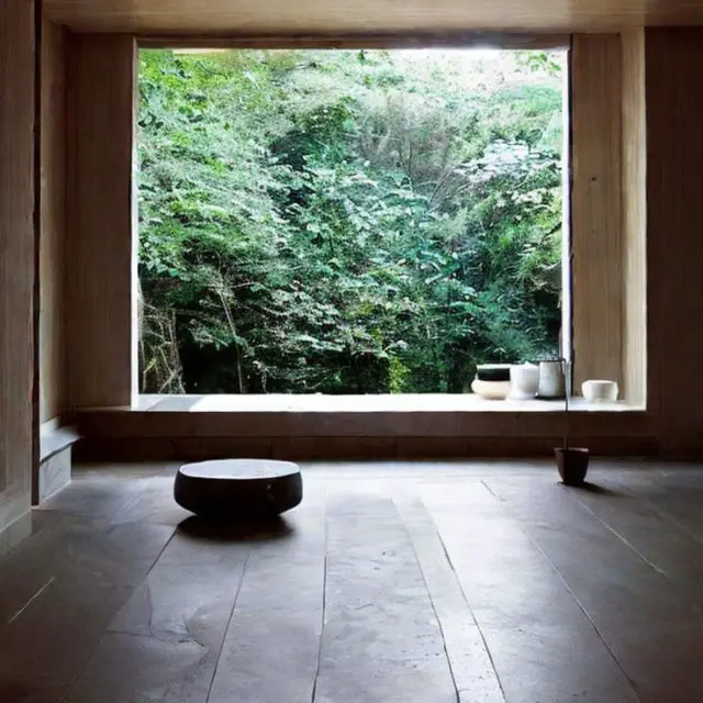 interieur zen et minimal grande baie vitrée donnant sur le jardin matériaux épurés