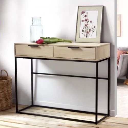 ou trouver meuble console pas cher Console 2 tiroirs décor chêne clair et métal noir