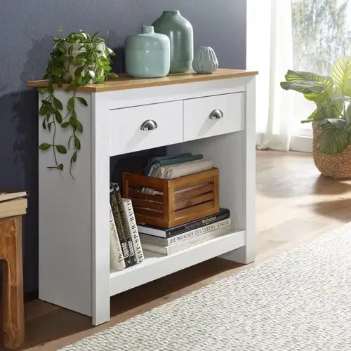 ou trouver meuble console pas cher Console 2 tiroirs 85x35x76 cm blanc et naturel classique maisons de campagne