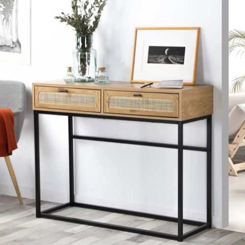 ou trouver meuble entree deco Console 2 Tiroirs Aspect Chêne avec Cannage Rotin - L100cm