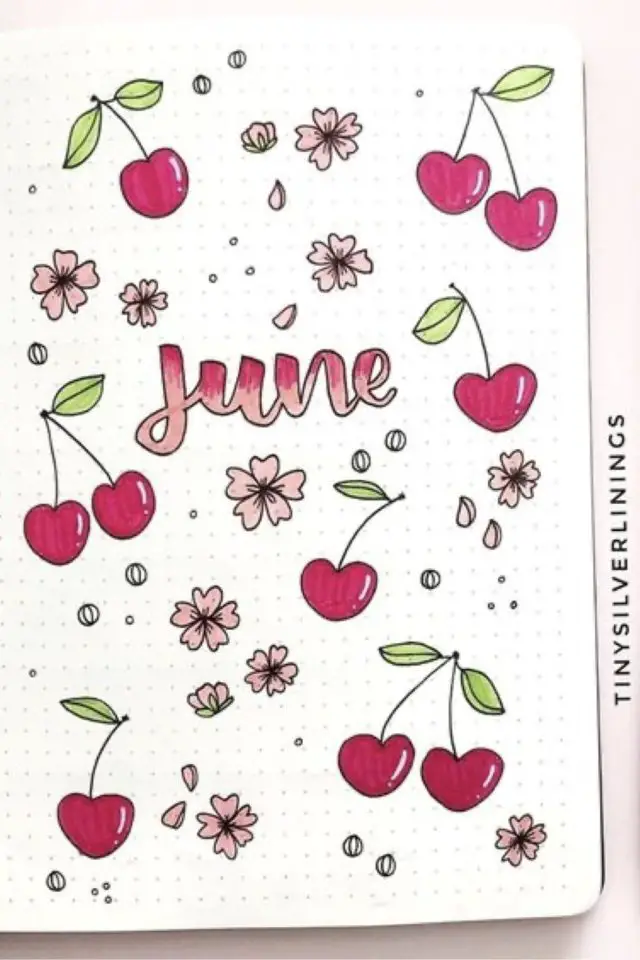 page de garde juin bujo exemple illustration facile cerise et fleurs été