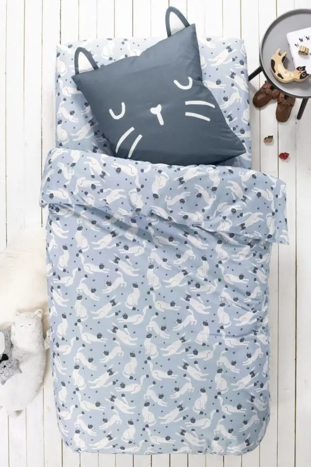 parure de lit enfant pas cher Linge de lit enfant imprimé chats Miaou 1 personne - coton biologique