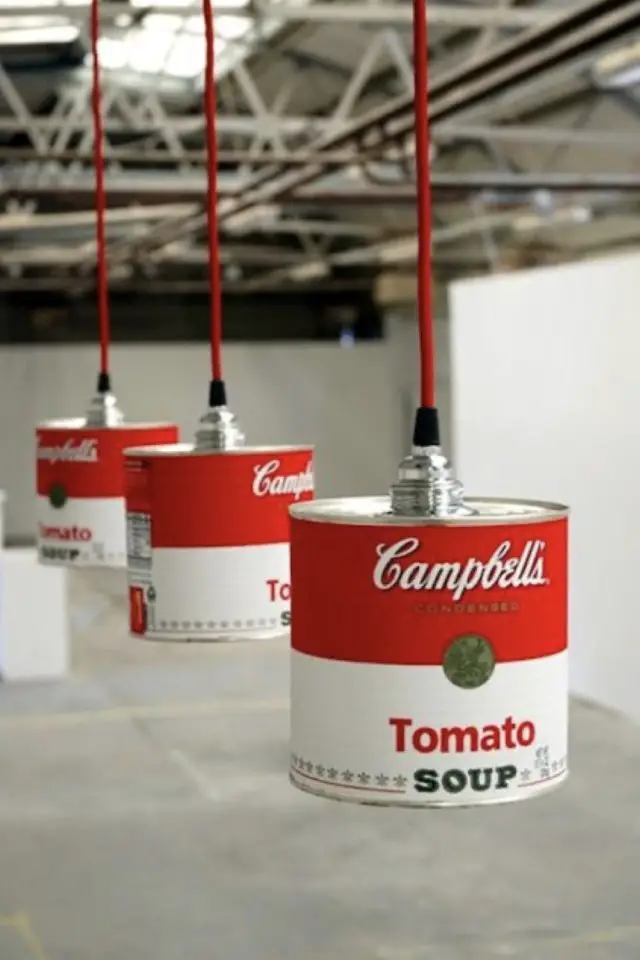 recyclage deco boite de conserve luminaire suspension Andy Warhol tomato soupe art