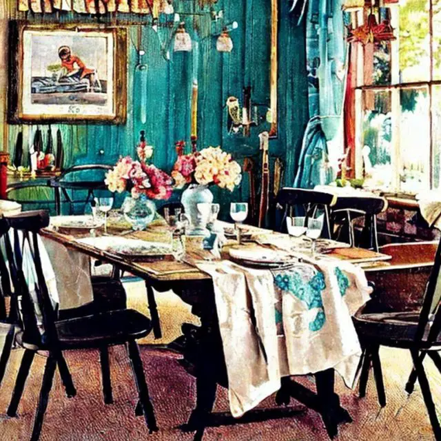 salle a manger classique chic decor genere IA mur coloré table en bois familiale chaise vintage