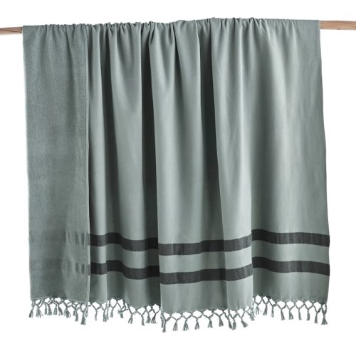 soldes hiver deco linge maison Fouta XXL coton bio, doublée éponge couleur vert sauge céladon