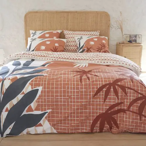 soldes hiver parure de lit  Housse de couette coton imprimé tropical couleur terracotta blanc gris