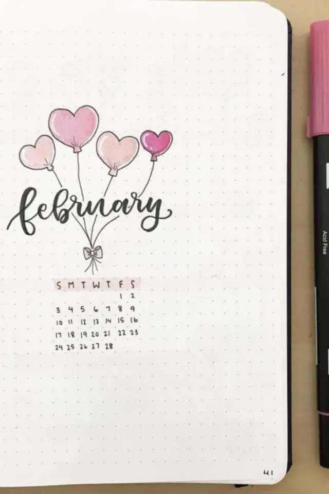 bullet journal page de garde fevrier saint valentin avec calendrier ballons en forme de coeur