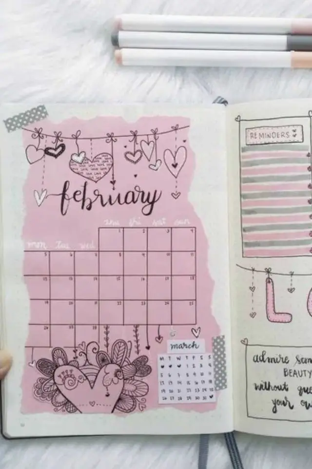 bullet journal saint valentin calendrier rose coeur romantique doodle