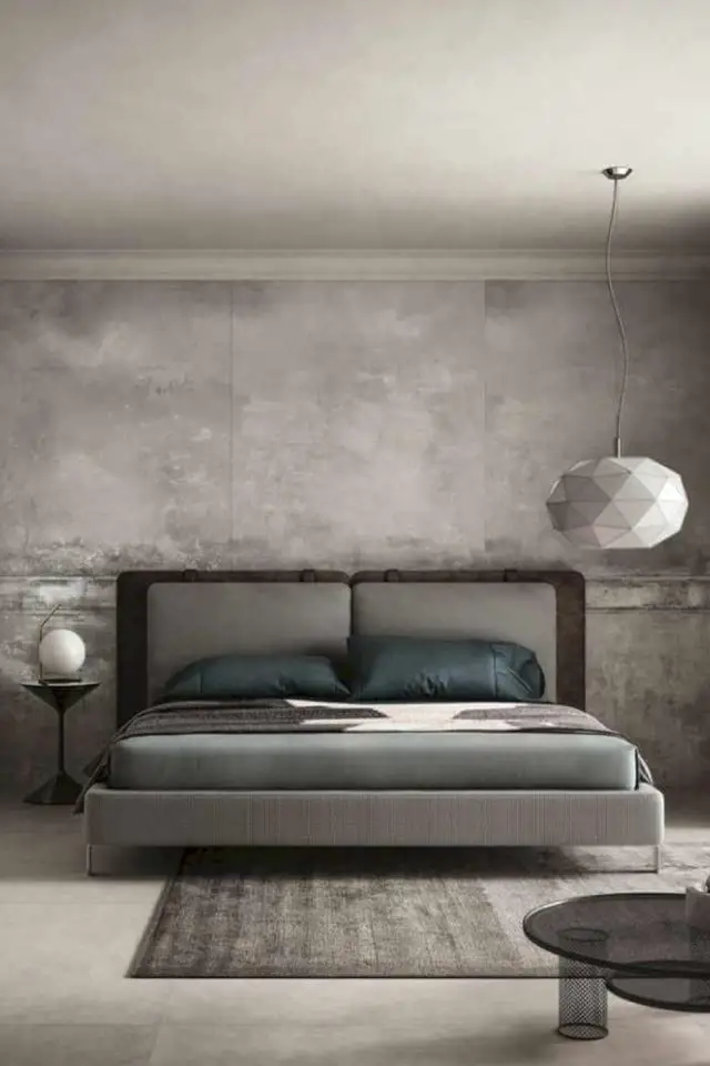 caracteristique decor minimaliste matériau revêtement mural béton ciré chambre à coucher parentale