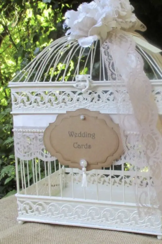 deco mariage recup DIY urne cage à oiseau blanche vintage dentelle kraft