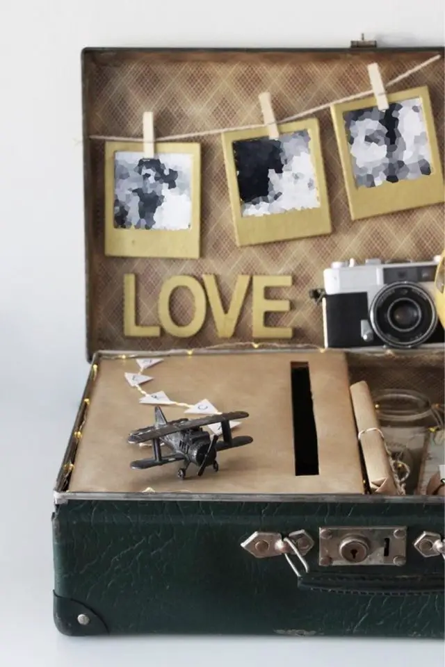 deco mariage recup DIY urne intérieur valise upcycling fait maison photo voyage