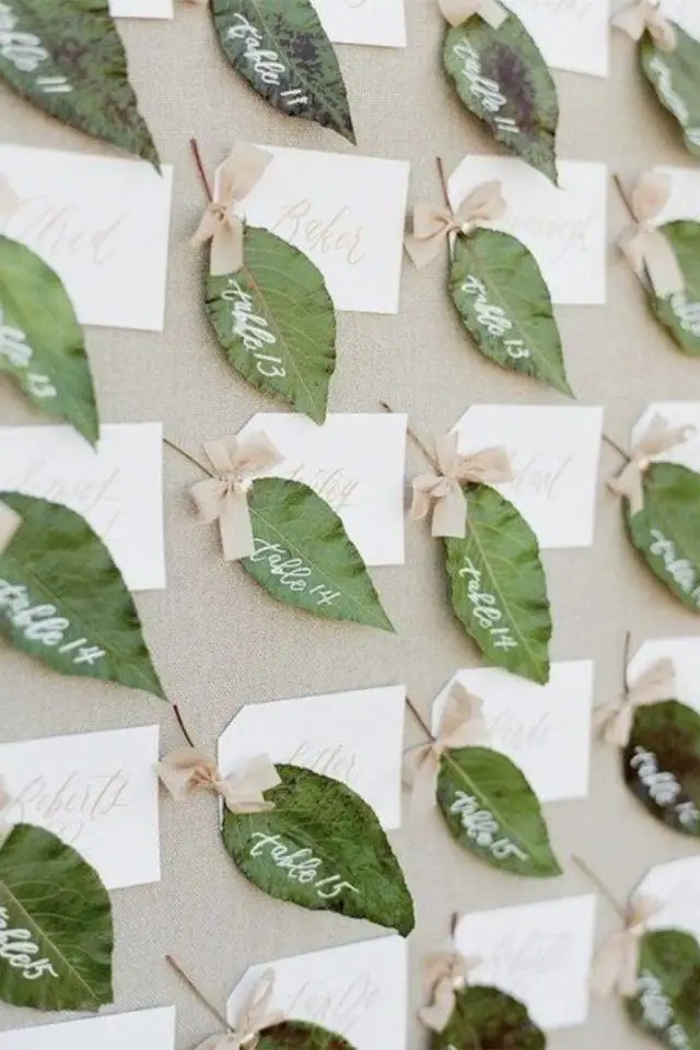 deco mariage recup marque-place feuille plante verte ruban à faire soi même DIY nature