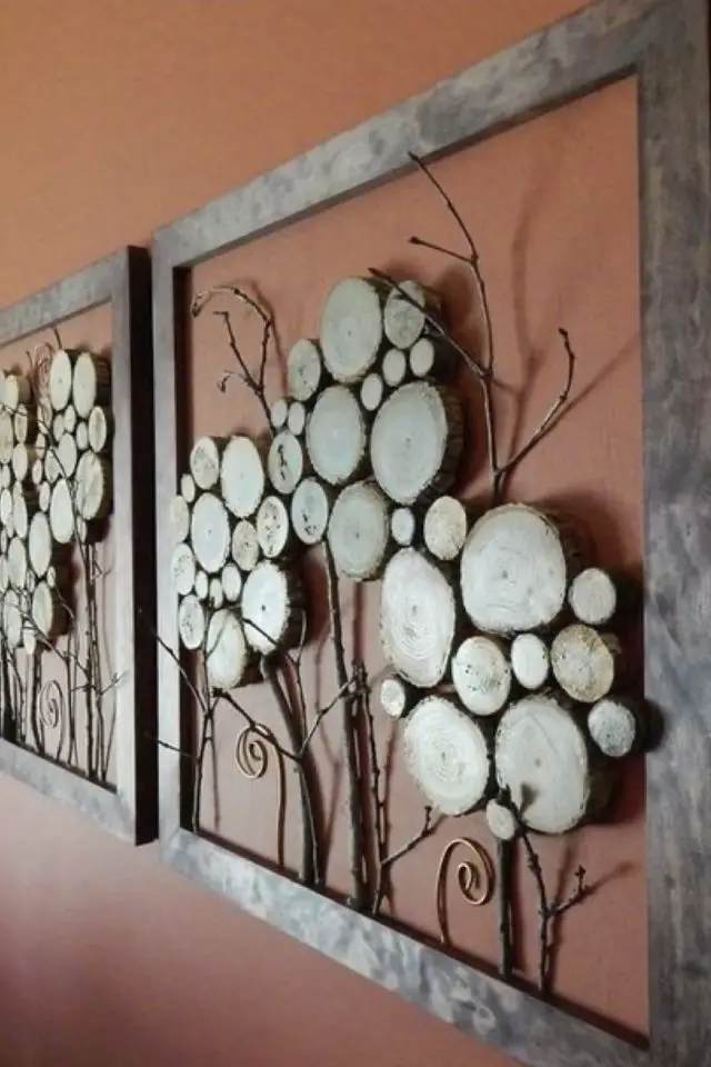 deco recup rondin de bois exemple décoration murale cadre création bricolage
