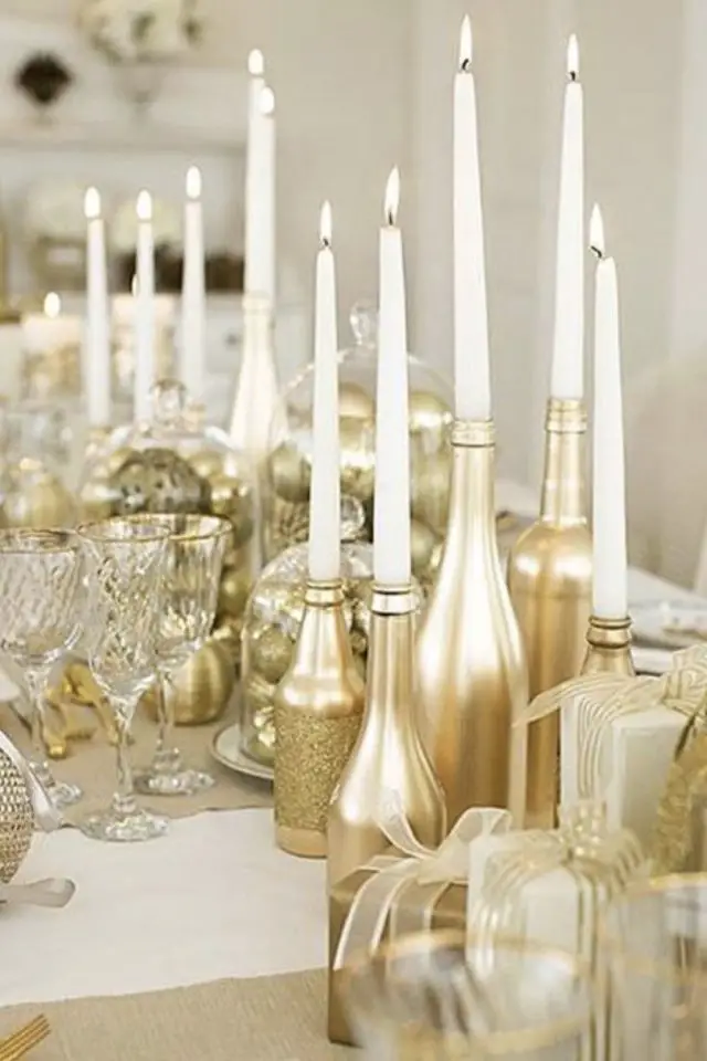 decor mariage recup bougie idée facile déco de table bouteille peinture dorée élégant