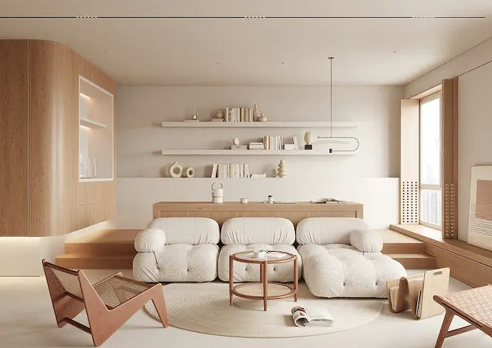 interieur minimaliste caracteristique couleur beige matériaux bois canapé design épuré tendance
