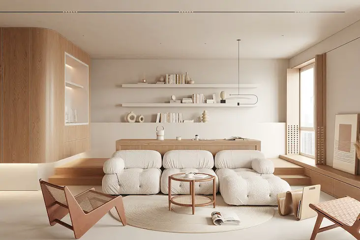 interieur minimaliste caracteristique couleur beige matériaux bois canapé design épuré tendance